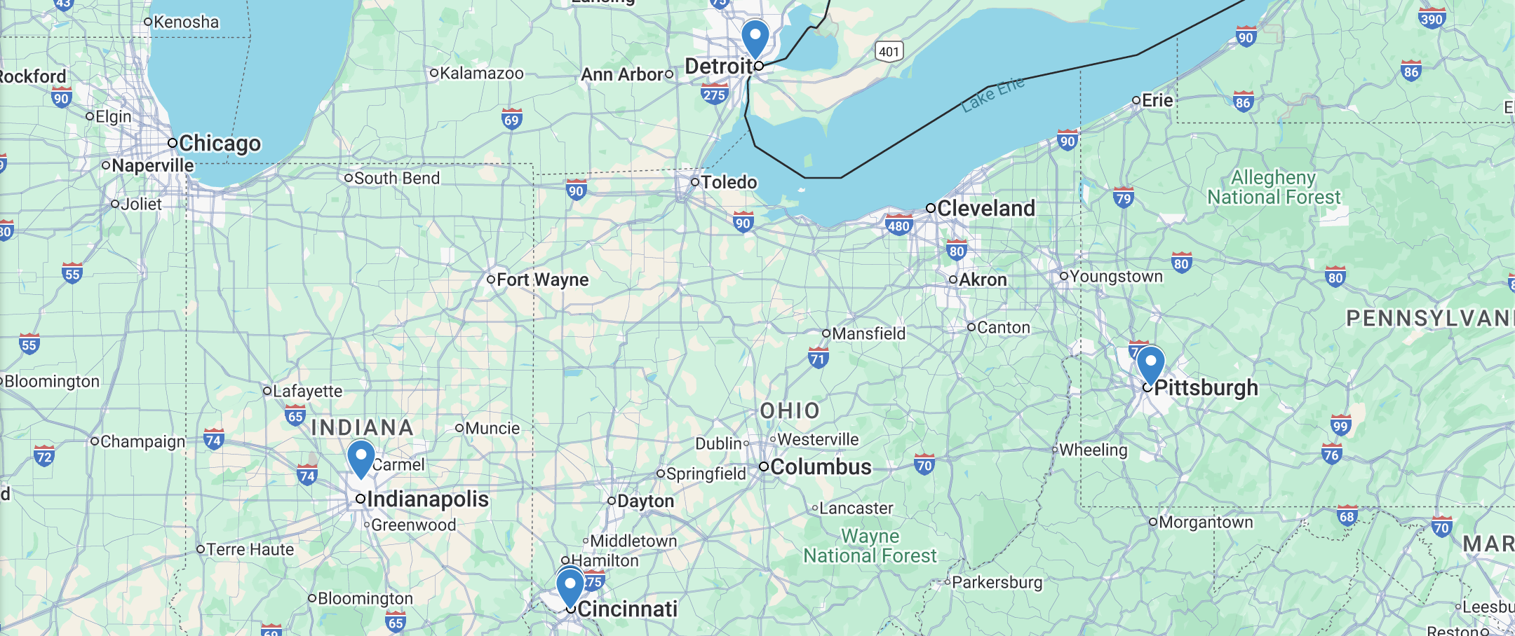 Map screenshot with pinpoints of office locations for The Pabulum Group